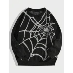 Goth Men Spider Web Pattern Pullover Sweater For Halloween, School
