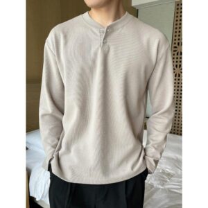Solid Half Button Tee, Fall Long Sleeve Men Shirt