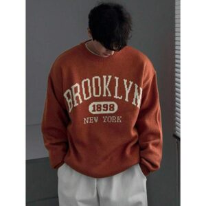 Casual Letter Printed Round Neck Long Sleeve Orange Sweater, Autumn