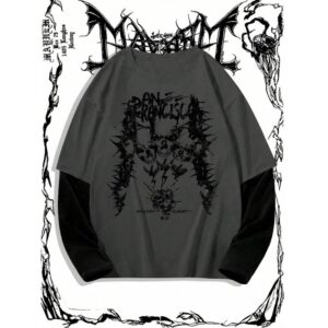 Men's Casual Skull & Letter Print Colorblock Long Sleeve Mock Layer T-Shirt, Spring Autumn, Fall