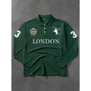 Casual Letter & Numeral Graphic Long Sleeve Golf Golf Polo Shirt, Spring/Autumn, For Husband, For Fall