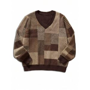 RebelGame Men's Loose V-Neck Geometric Print Graphic Colorblock Cable Knit Long Sleeve Sweater, For Vacation, Preppy