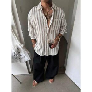 Men's Early Autumn Jacquard Striped Long Sleeve Casual Shirt, Comfortable And Skin-Friendly Casual Style,Fall