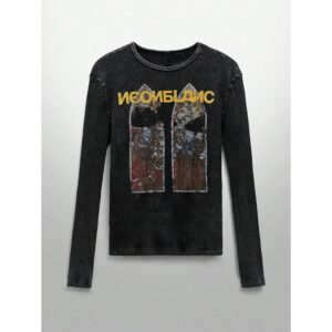 Men's Streetwear Pattern & Letter Print Knit Crew Neck Long Sleeve T-Shirt, Emo, Fall, 2000s Style