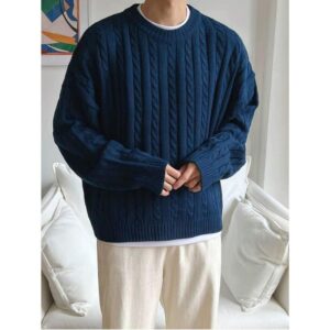 Fashion Lethargic Style Thick Twisted Button Rope Drop Shoulder Round Neck Sweater Men's Sweater, Back To School Clothes, Suitable For Commuting, New Fall And Winter