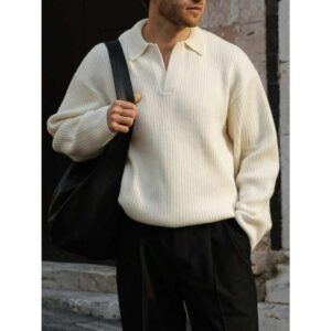 Men's Ribbed Knit Sweater, Casual Loose Pullover Polo Neck Knitwear Top, Autumn/Winter