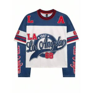 Streetrush Men's Letter Print Contrast Color Round Neck Long Sleeve Casual T-Shirt Los Angeles Los Angeles Shirt Los Angeles Jersey,Fall
