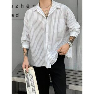 Casual Long Sleeve Single-Breasted Pocket Loose Striped Shirt, Fall