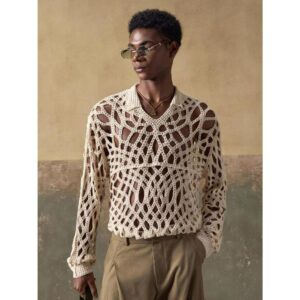 Men's Crochet Knit Floral Pattern Casual Loose Fit Long Sleeve Knitted Shirt, Suitable For Summer, Autumn, Vacation, Daily Wear, Party, Couple Outfit, Men's Gift