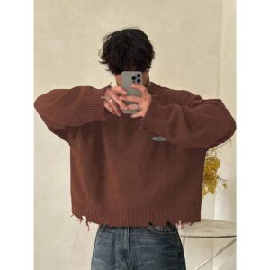 Hypemode Men's Fall Letter Pattern Drop Shoulder Crew Neck Casual Brown Sweater, Back To School
