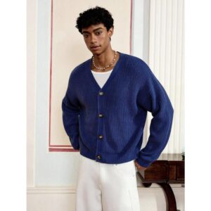 Men's Blue Casual Long Sleeve Cardigan