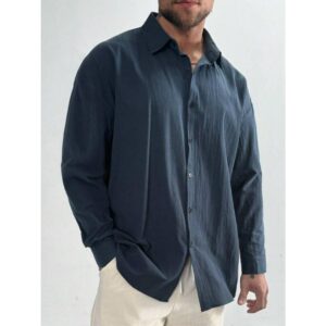 Old Money Style Men's Shirt - Minimalist Long Sleeve Button Up Shirt In Linen Cotton Blend | Breathable Business Casual & Office Shirt | Classic Plain Blue Top | Christmas Gift For Him