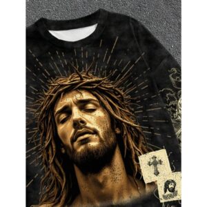 Street Style Jesus Head Graphic Distressed Print Flared Long Sleeve Cropped T-Shirt, For Fall