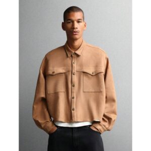 Suede Oversized Cropped Long Sleeve Button Down Shirt Winter Casual Workwear Street Style With Front Pockets Autumn Transitional Outerwear Fashion