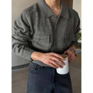 Men's Solid Color Cardigan With Dual Chest Pockets, Gray, Autumn